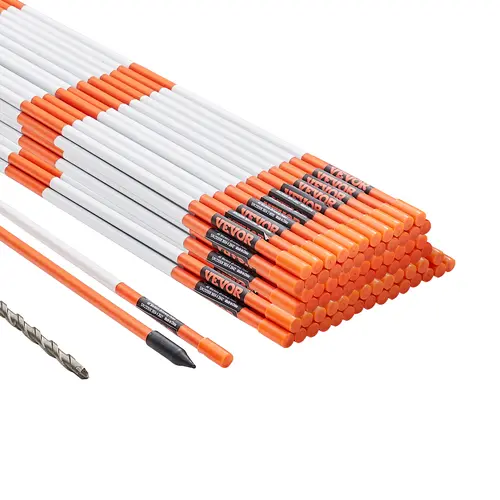 VEVOR Outdoor Fiberglass Driveway Markers Set (100 PCS), 47.8"/121.5 cm x 0.4in Durable & Non-Fading Lightweight Orange Snow Stakes with Reflective Strip, 12in Steel Drill Bit & Gloves for Farms, Courtyards, Easy Installation