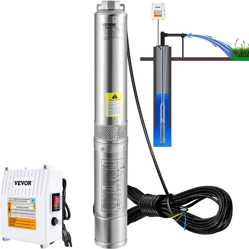 VEVOR 1.5HP 4" Stainless Steel Heavy Duty Deep Well Submersible Pump - 115V/60Hz, 37gpm, 276ft Head, 33ft Cord, IP68 Rated, Overload Safe, External Box, Pipe & Parts Included, Steel Filter Mesh for Home Irrigation, Water Extraction, Farmland, Homestead