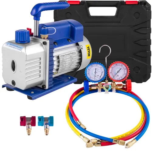 VEVOR Heavy Duty Air Vacuum Pump Tool Kit Set - 3CFM 1/4HP Single Stage, 5Pa, 3-Hose Color Code AC Manifold Gauge, R134a Can Tap, Oversize Sightglass, Thermal Safety, Dual Gauge Read, Carrying Tote for Automotive Units R12/R22/R410a Refrigeration