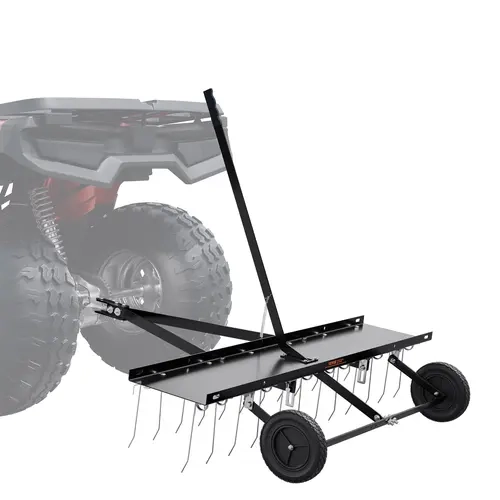 【toolupgrade】VEVOR Heavy Duty Tow Behind Dethatcher Tool, 48'' Working Width Welded Frame Unit with Welded Connection, 24 Heat-Treated Spring Steel Tines, 38.6 lbs, Simple Tine Replacement, Lift Handle for ATV/Mower Use, Grass Removal Hoes & Rakes