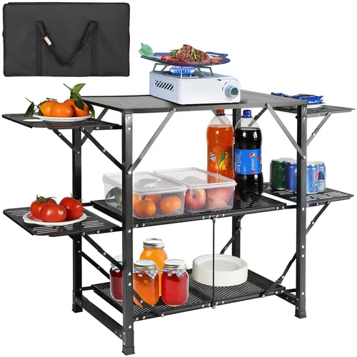 VEVOR Camping Kitchen Table, 1-Piece Folding Portable Carry Camping Furniture with Carrying Bag, Aluminum Build, 4 Iron Side Tables, 2 Shelves, Triangular Frame, Heat-Resist Top, Cupholders Hold, Ideal for Outdoor BBQs, RV Traveling