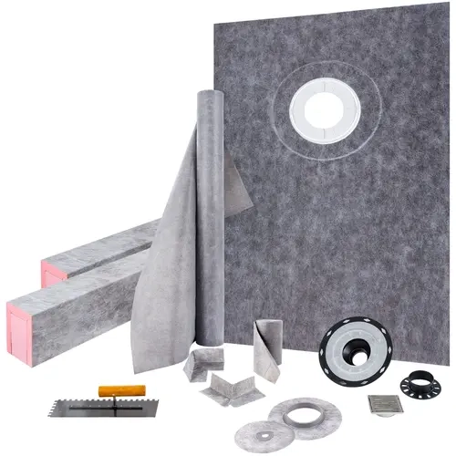 【toolupgrade】VEVOR Watertight EPS Foam Curb Kit (38"x60"), 4" ABS Offset Bonding Flange, 4" Stainless Steel Grate, 2 Cuttable Curbs, Trowel, Pan Slope Sticks, HDPE Waterproof Floor Membrane, Shower Accessories Kit for DIY Users