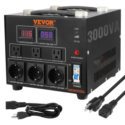 【toolupgrade】VEVOR 3000W Compact Step Up-Down Power Converter, 110V-220V Switchable, CE Approved, with US/EU Outlets, 1 5V USB Port, 1 Type-C Jack, LED Displays, Overload Safe Power Stabilizer Plug