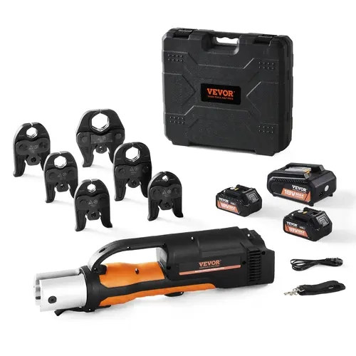 VEVOR 18V Electric Pro Press Tool Kit with Durable Ergonomic Handle, LED Display, LED Battery Check, Auto Return - 1/2"-2" Stainless/Copper/PEX Pipe Crimping, 6 Jaws, 2x 18v 4ah 4.0ah Batteries, Fast Charger, Forged Steel Case, 32kn Stable Press