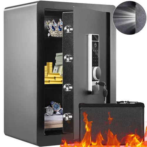 【Summerfinds】VEVOR 2.2 Cu Ft Biometric Security Safe - CE Certified Electronic Alloy Steel Cabinet Safe Box with Fingerprint Lock, Digital Keypad, 2 Keys, Removable Shelf, Dual Alarm System & Large Fireproof Bag (15.8x13x23.6 in) for Cash, Gold