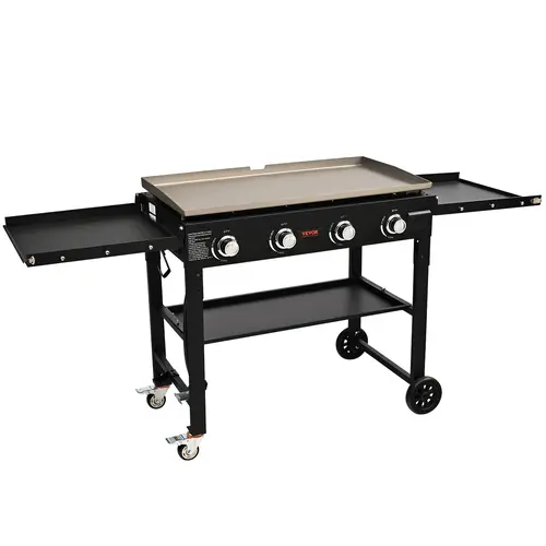 VEVOR 36in Heavy Duty Stainless Steel LPG Gas Commercial Griddle on Cart - 4-Burners, 60000 BTU, Outdoor BBQ Station with Side Shelves, Travel-Lock, Oil Management, Flip-Cover Storage, 36in Plate Feeds Crowds, Portable Manual Flat Top Grill
