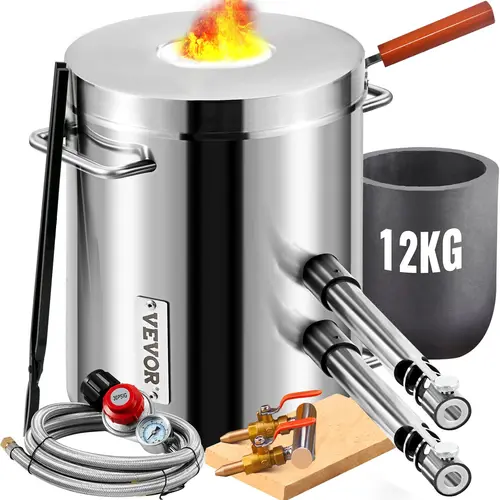VEVOR Portable Insulated Propane Melting Furnace Kit, 12KG Large-Capacity Stainless Steel Foundry Smelter with 1.5 Fire Bricks, Double Burners, Adjustable Regulator, Crucible & Tongs, for Metal Scrap Recycle, DIY Projects