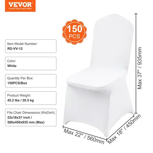 VEVOR 150PCS Stretch Spandex Chair Covers, Universal Fitted Removable Washable Slipcovers, 22x18x37 Inches Wrinkle Resistant Indoor/Outdoor Seat Covers for Dining Room Chairs, Wedding Use with Cost-Efficient Care