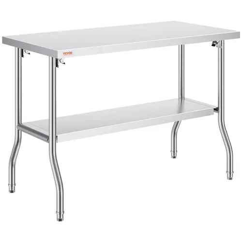 VEVOR Foldable Rust-Resistant Steel Rectangular Kitchen Drop Down Table - 48x24in Worktable, 34 inch Leg, Undershelf, Easy Folding, 300 lbs Load Capacity, Furniture for Home, Outdoor, Restaurant Use