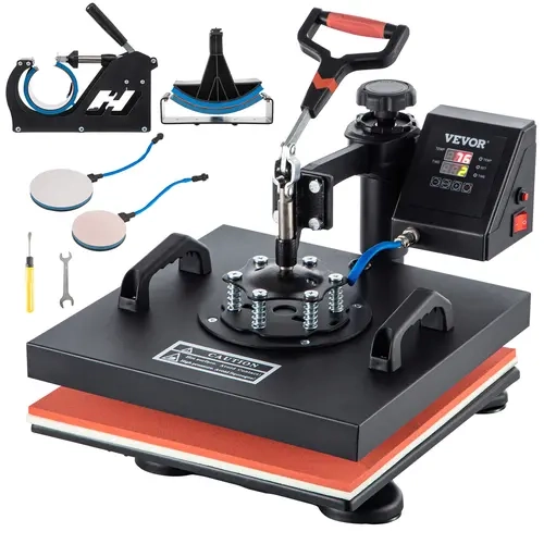 VEVOR 5-in-1 15x15 Inch Adjustable 360° Swing Away Heat Press Machine, Dual LCD Screen Digital Control, Easy Buttons, Quick Setup, Audible Alarm, Auto Heat Stop, Multi-Project Kit for Sublimation, T-Shirts, Applying Letters