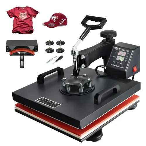 VEVOR 110V 2-in-1 Sublimation Heat Press Machine, 38x38cm (15x15in) & 14x7.6cm Plates, 5.5x3in Curved Press, 360° Swing Away, Digital Precise Control, Fast Heating, 0–999s Timer, Even Heating for DIY Printing (Black), 110 V