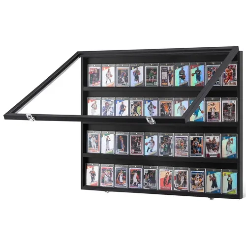 VEVOR Graded Sports Card Display Case - Matte Black Wood Lockable Wall Cabinet for Collectors, 98% UV-Protected Polycarbonate Glass, 30.5x24.3x2.1 Inches, Anti-Slip Edges, Ample Storage Space, Easy-Install Frame for Baseball, Soccer Cards