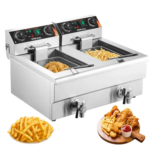 VEVOR 3000W Commercial Deep Fryer - 11L Stainless Steel Countertop Kitchen Appliance, Dual Tank with Basket, 122°F to 392°F Quick Heating, Separate Plugs, Cool-Touch Handle, Auto Shut-Off, Easy-Clean Shell for Concession Stands, Delis & Home Use