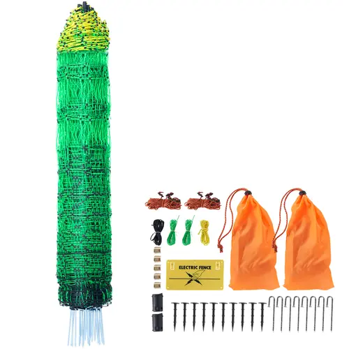 VEVOR Solar-Powered Electric Fence Kit with Solar Panels & DC Power Supply, 110-240V, 48x168ft Windproof PE Mesh, Posts, Double-Spike Stakes, Portable Animal-Safe for Backyards Chicken Coop Enclosure