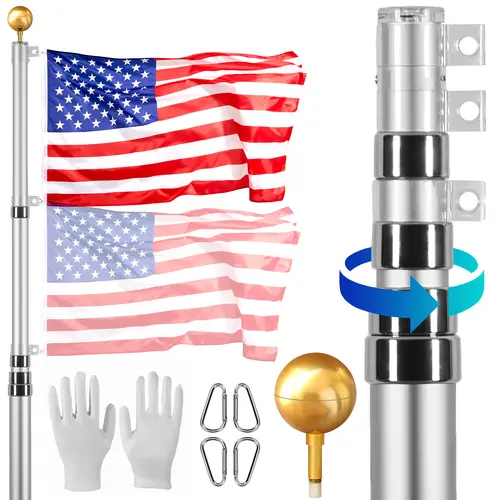 VEVOR 25 ft Telescoping Heavy Duty Aluminum Alloy Flagpole Kit with Rust-Resist Coat, In-Ground Mount, Telescopic Lock, 3 Multiple Displays, 3x5 100% Polyester American Flag, Adjustable Outdoor Setup Accessories (PVC Pipes, Balls, Vibrant Silver Banners)