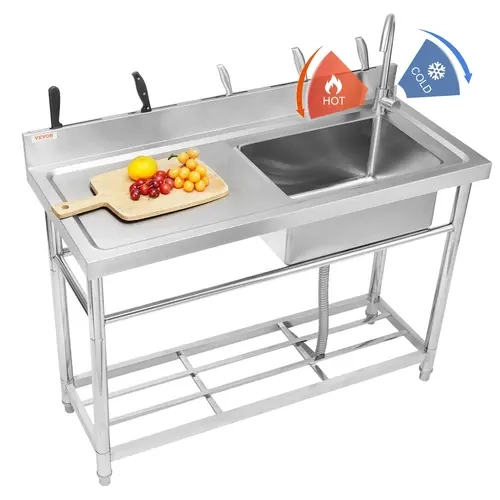【ToolUpgrade】VEVOR NSF Certified Stainless Steel Rectangular Utility Sink - 1 Compartment Free Standing Small Sink with Adjustable Legs, Workbench, Faucet, Hollow Design - 47.2x19.7x37.4in for Garage, Laundry Cleaning Ingredients Storage