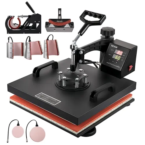 VEVOR 8-in-1 Digital Heat Press Machine, 15" x 15" Digital Control Sublimation Transfer Printer with LCD Screen, 360° Swing Arm, Adjustable Spring Plate, Audible Alarm for DIY Products, T-Shirt, Mug