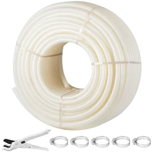 【toolupgrade】VEVOR Residential 1" Quick Connect Pipes, 500 ft Non-Oxygen Barrier White Flexible PEX-B Tubing with Cutter, 5 Clamps, Pipe Fittings & Accessories, 100 psi at 180℉, 1" Cold Water Use, 7" Min Bends, Freeze-Proof PEX for Plumbing, Solar Heating