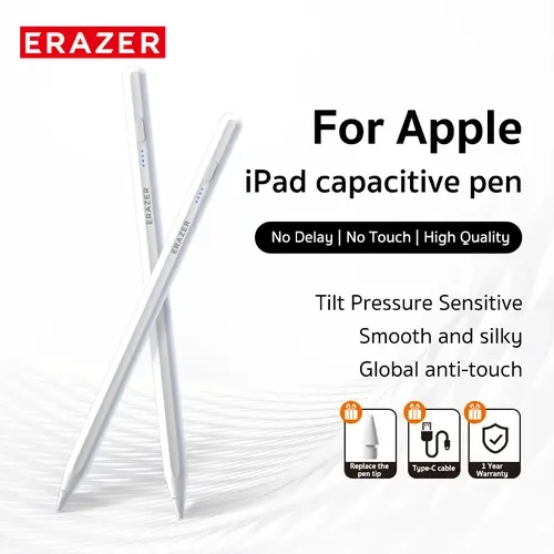 ERAZER Stylus Pen for iPad - Tilt Sensitive Active Touchscreen Pencil, Palm Rejection, 1.4mm Replaceable Tip, USB-C Fast Charging 25min (10h Use), Aluminum Body, Compatible with iPad 2018-2024, Pro/Air/Mini/Standard