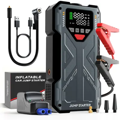 16800mAh [ 5 in 1 Function ] Geeneu Portable Car Jump Starter With Air Compressor (10.0L Gas, 9.0L Diesel) With 150 PSI Tire Inflator, 12V Car Battery Jump Power With LED Light F6 portable jumpstarter batterycharger Outdoorfun Emergency Lighting fat