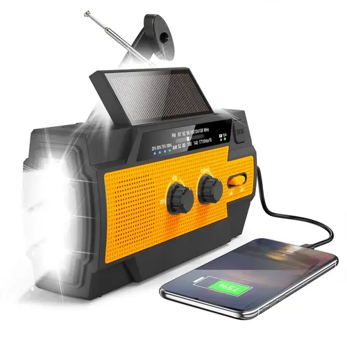 Emergency Weather Radio - 4000mAh Solar Powered ABS Radio with 4 Charging Methods, FM/AM, NOAA, 3-Mode Flashlight, Motion Sensor Lights, SOS Alarm, SOS Flash Signal, Micro USB, Rechargeable Batteries, Includes Manual for Hurricane Prep & Outdoor Use