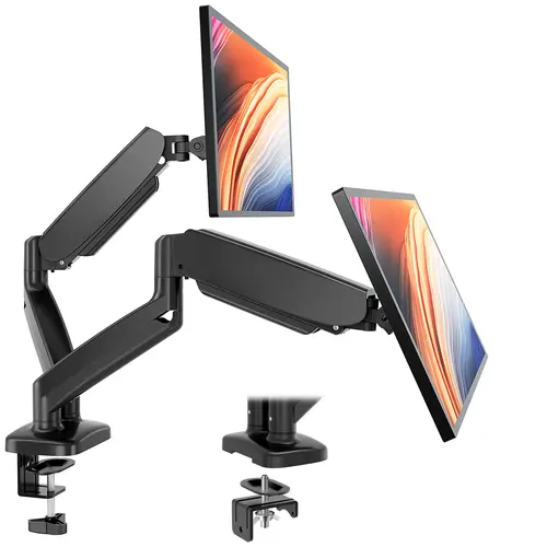 MyDepot Sturdy Metal Dual Monitor Arm Stand - Dual Monitor Riser, Adjustable Gas Spring, Swivel Mount VESA Bracket, Height Adjustment, Clamp/Hole Base, 13-32 In Screen Support, 17.6 Lbs Capacity, Reduces Neck & Back Strain for Desks (Fits Curved Displays)