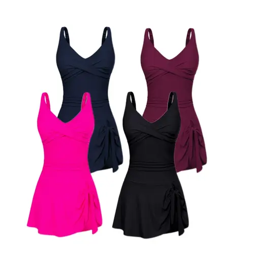 Grace Karin Women's Stylish Adjustable Strap Swimdress - Plus-Size (S-2XL) V-Neck Ruched Criss Cross Front Tie Accent Chic Curve Beachswimsuit for Beach Party, Swimming Pool