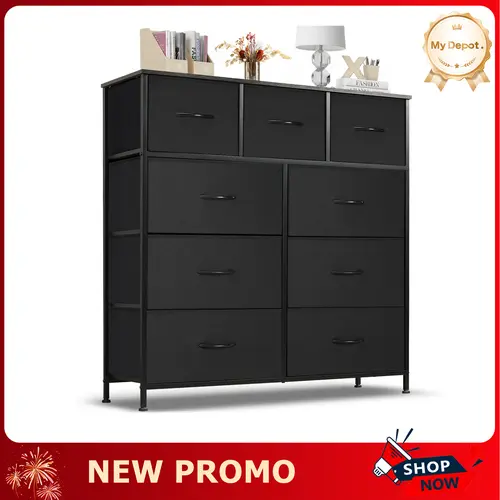 MyDepot Sturdy Modern 9-Drawer Fabric+Metal Freestanding Storage Cupboard - Stylish Wood-Top Cabinet with Adjustable Legs, Dresser for Bedroom, Nursery, Multiple Storage Drawers