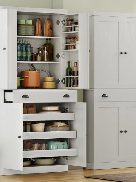 (2 Packages Shipping) IRONCK 72" Freestanding Kitchen Storage Cabinet, Modern Space-Saving Indoor Furniture with Drawer, Sliding Storage Rack, 6 Hanging Shelves, Included Hardware, Storage Cabinets