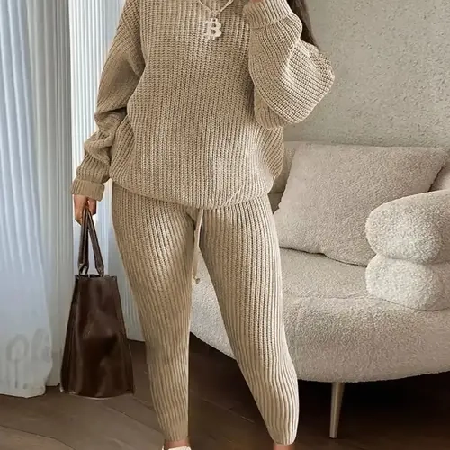 Women's Solid Drop Shoulder Long Sleeve Sweater & Drawstring Waist Pants Two-Piece Set, Casual Fashion Cozy Knitwear Set for Daily Outdoor Wear, Women's Knitwear for Fall & Winter, Knitted Sweater Set