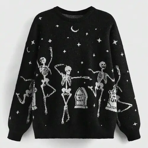 Women's Halloween Skeleton Star Moon Print Round Neck Soft Sweater, Casual Long Sleeve Crew Neck Jumper, Halloween Costumes, Ladies' Fashion Clothing for Fall, Graphic Knitwear for Daily Wear, Knitting, Womenswear
