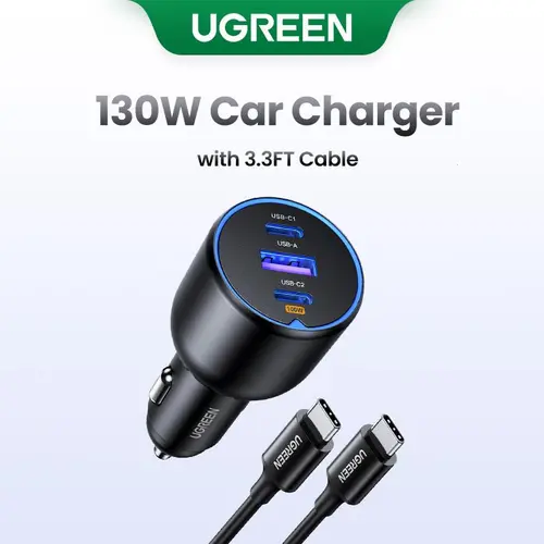 UGREEN 130W Compact Dual Port Car Charger with 3.3FT Cable, USB-C Input, Super Fast Charging Electronic Smartphone Charger for iPhone 17/16 Pro Max, Galaxy S24 Ultra, Tablets, September Restock Car Accessory