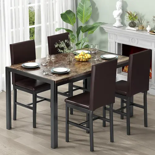 Recaceik Upholstered Dining Set - 4-Piece Modern Indoor Furniture Set, 47.2x27.5in Rectangular Marble Finish Wood Table with Sturdy Legs, PU Leather Chairs, Floor-Safe Pads, 130 lbs Capacity, Space-Saving for Small Apartments & Kitchens