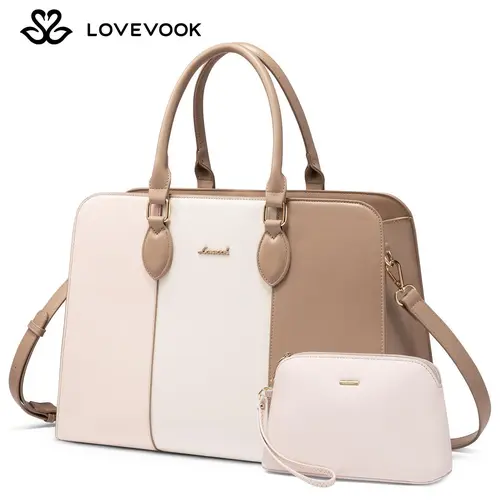 LOVEVOOK Laptop Tote Bag for Women, Stylish Leather Shoulder Bag with Small Pouch, Color Block Crossbody Bag for Commuting, Office, Business Trips TikTokFallDealsForYou