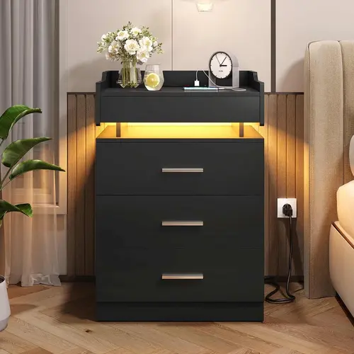 Sikaic Large Nightstand with Charging Station and LED Lights, Black Night Stand with 3 Drawers and 1 Pull-Out Tray, End Side Table with Storage, Modern Bedside Table with Outlets, Home Furniture Christmas Gifts cozy home familyfun [TikTokShopblackfriday]