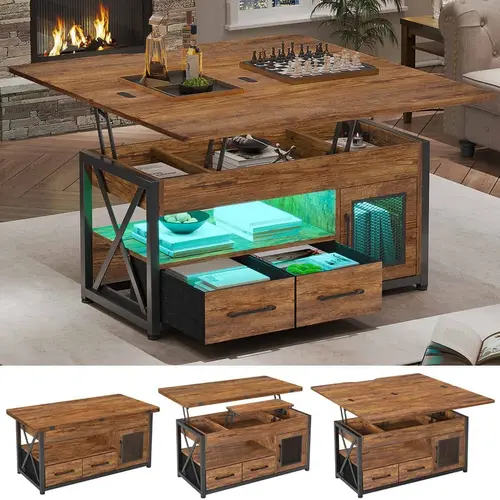 Sikaic 40" Lift Top Coffee Table, 4 in 1 Coffee Tables with Storage Cabinet for Living Room, Small Farmhouse Coffee Table with 2 Fabric Drawers & LED Light for Dining Room, Home Furniture Christmas Gifts cozy home familyfun [TikTokShopblackfriday]