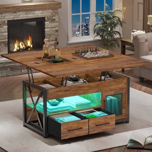Sikaic 40 Inch 4-in-1 Convertible Lift Top Coffee Table with Storage, Farmhouse Coffee Table with 2 Drawers, Cabinet and LED Lights