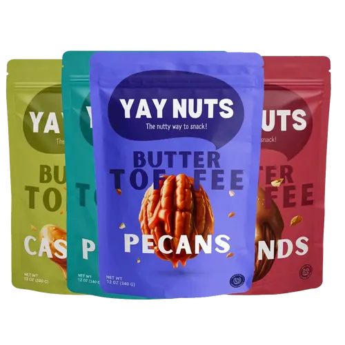 YAY NUTS Butter Toffee Pecans, Cashews, Almonds & Peanuts – Crunchy, All-Natural, No Preservatives, Made in USA – Guilt-Free Snacking with Real Ingredients - 12 oz each (340g)