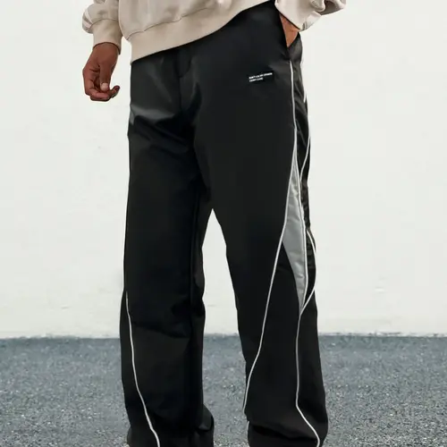 Unisex Drawstring Waist Patchwork Straight-Leg Sports Pants, Casual Quick-Dry Trousers, Loose Fit Long Pants