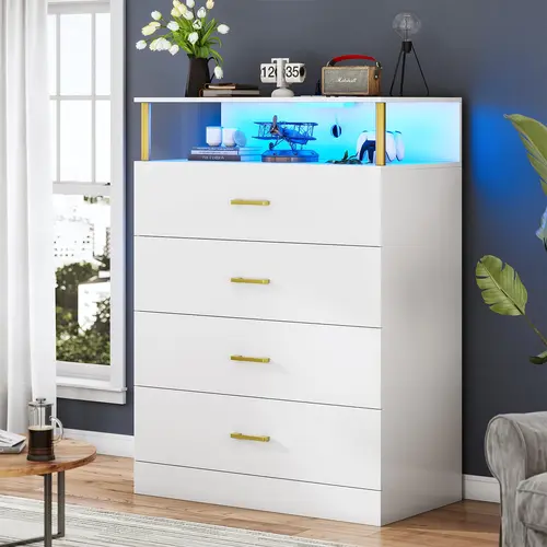 Sikaic Dresser for Bedroom with Column Design, 4 Drawers Dresser with Charging Station, Modern Bedroom Led Tall Dresser for Bedroom Closet Sufficient Storage Space Open Storage, Home Furniture Christmas Gifts cozy home familyfun [TikTokShopblackfriday]