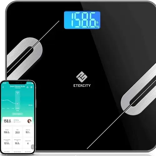 Etekcity Smart Digital Weighing Scale - Bluetooth Rectangular Electronic Bathroom Scale, 11.8x11.8in Black, Large LED Display, Body Composition Tracking for Bathroom Healthcare Monitoring, Body Composition Scale