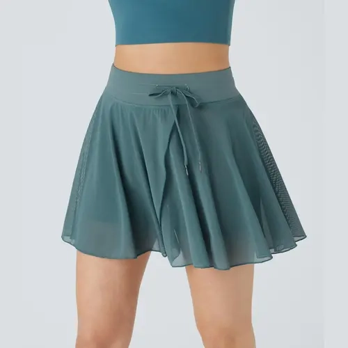 Halara High Waisted Drawstring Contrast Mesh 2-in-1 Pocket Flowy Mini Flare Casual Skirt