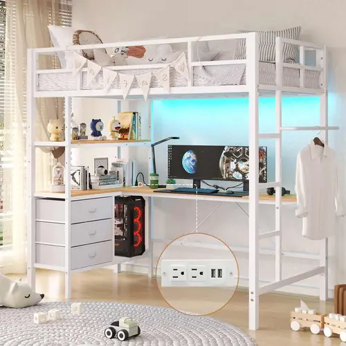 Sikaic LED Bed Frame with L Shaped Desk, Drawers, Storage Shelves & Safety Guard - Unique Bedroom Furniture for Kids, Home Furniture Christmas Gifts cozy home familyfun [TikTokShopblackfriday]