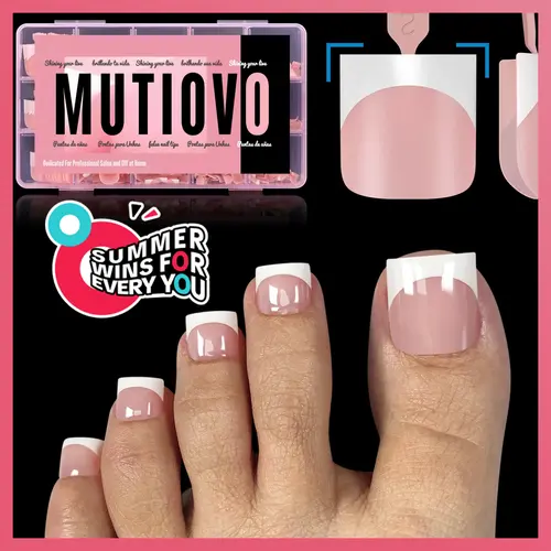 MUTIOVO Sharp Square French Tip Soft Gel Acrylic Toe Press on Nails - Fake Nails Extension, Gel Extension, Pre-Designed Full Cover, Pre-Applied Primer & Base Coat, 15 Sizes 240 Pcs, Easy Apply for Adults, Girlfriend (No Glue, Top Coat, UV Lamp)