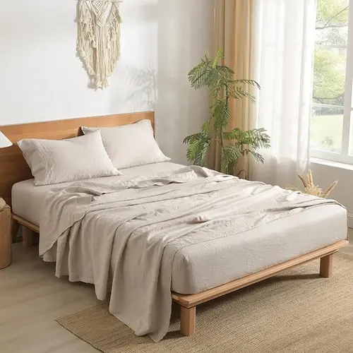 SONORO KATE French Linen King Size 4-Piece Solid Bedding Set - 16 in Deep Pocket Fitted Sheet, Flat Sheet, All Seasons, Soft, Breathable, Durable, Cooling, Skin-Friendly, Warm, Fade-Resistant, Wrinkle-Resistant, Machine Washable, Airy Linens