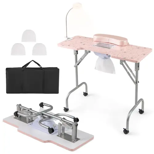 Costway Manicure Nail Table, Folding Nail Salon Workstation w/Electric Dust Collector, 3 Dust Bags, LED Lamp, Detachable Armrest Pad, Lockable Wheels, Carrying Bag, Portable Spa Salon Table, pink/black/white