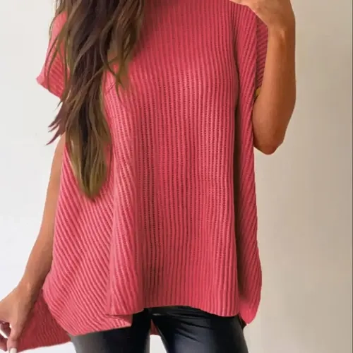 Women's Plain Textured Split Hem Batwing Sleeve Knit Top, Casual Short Sleeve Round Neck Knitwear for Summer, Fashion Women's Knit Clothing for Daily Wear, Casual Pullover Tops, Cute Tops, Womenswear