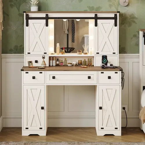 Sikaic Farmhouse Vanity Desk with Mirror and Lights, White Makeup Dressing Table with Charging Station, Rustic Vanity Mirror with Sliding Barn Door, Vanity Table with 3 Lighting Modes Adjustable, Home Furniture Christmas Gifts cozy home familyfun [TikTokS