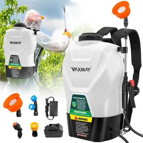 VaxMay Electric 4 Gal Battery-Powered Garden Sprayer Gun, 21V 2.5Ah Power, 75 PSI, 4 Hours Long Run, Telescopic Wand, Charger, 2 Nozzles, Adjustable Backpack Straps, Digital Voltage Display, Comfortable & Reliable for Cleaning, Weed Control
