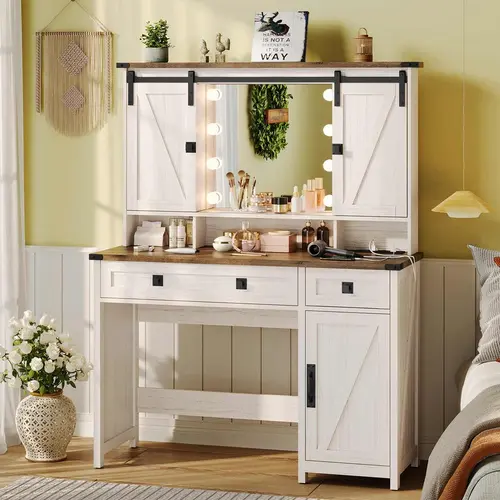 Sikaic Farmhouse Makeup Vanity with Lights and Barn Doors, Vanity Desk with Mirror and Charging Station, Vanity Table with Jewelry Hooks and Open Storage Shelves, Home Furniture Christmas Gifts cozy home familyfun [TikTokShopblackfriday]